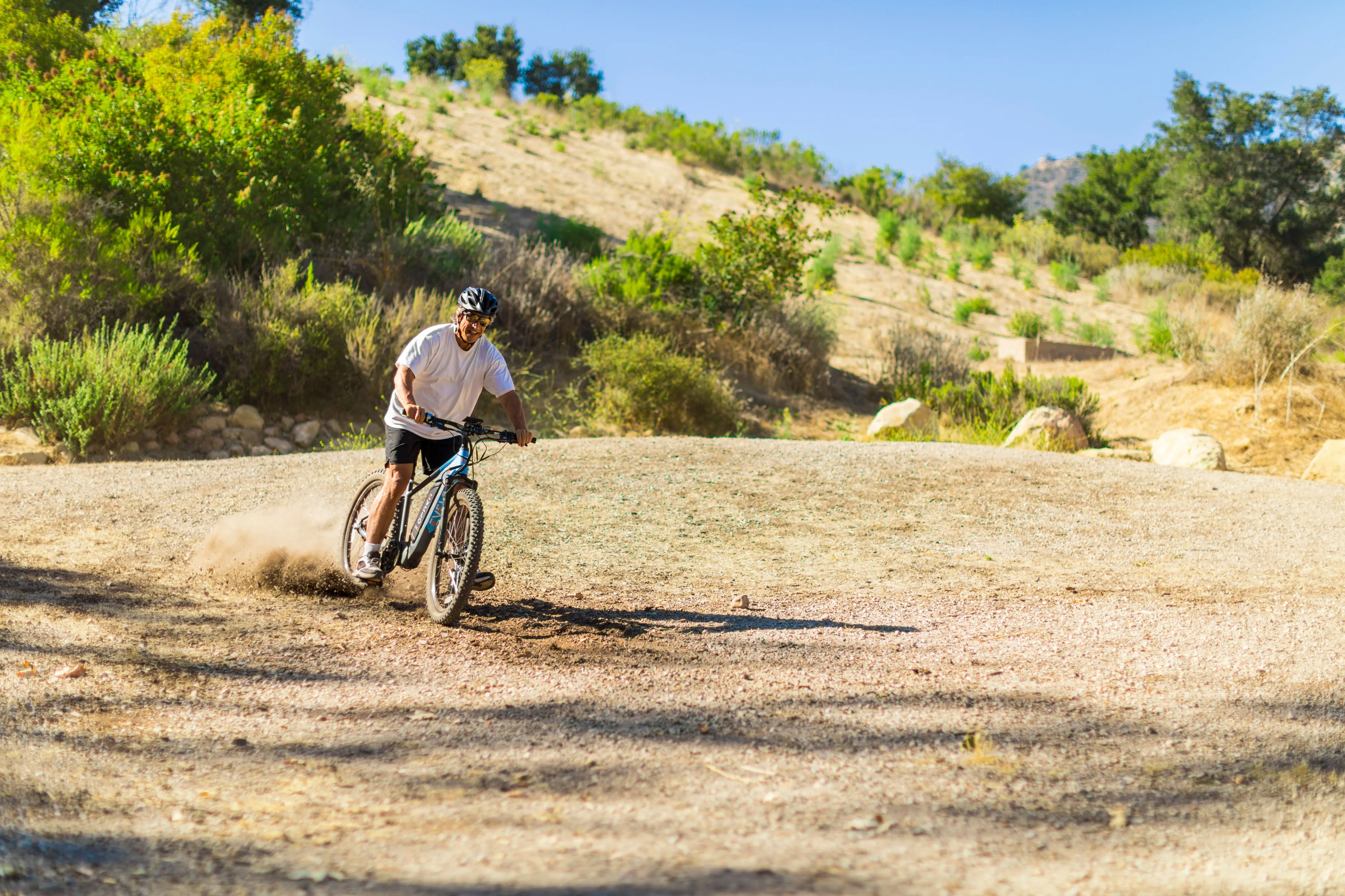 Cyclist riding an electric mountain bike through a sunlit landscape. Lifestyle photograph, not a product listing.