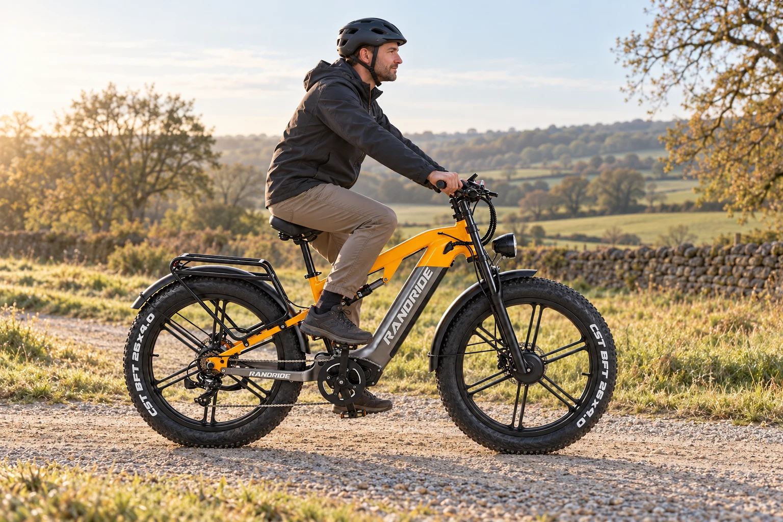 Rider on a RANDRIDE YX80M-2 fat tyre e-bike on a countryside track