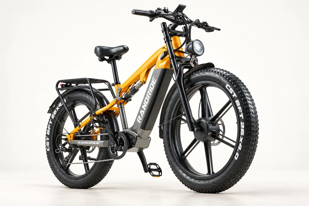 RANDRIDE YX80M-2 fat tyre electric bike in yellow and graphite, three-quarter view