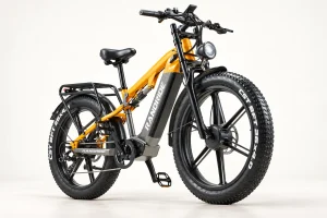 RANDRIDE YX80M-2 fat tyre electric bike in yellow and graphite, three-quarter view