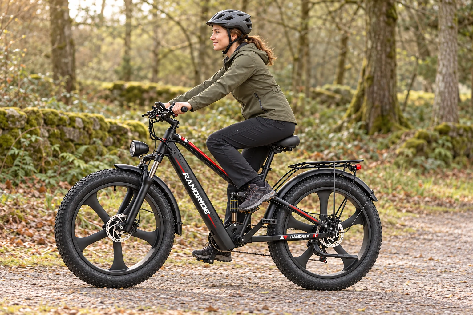 Rider on a RANDRIDE YX90M full-suspension e-bike outdoors