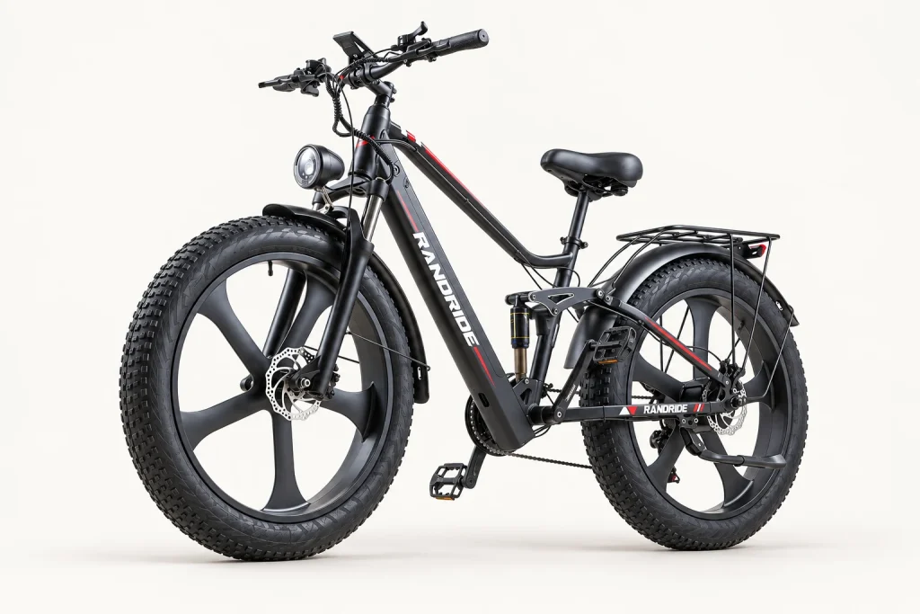 RANDRIDE YX90M fat tyre electric bike in black and red, three-quarter view